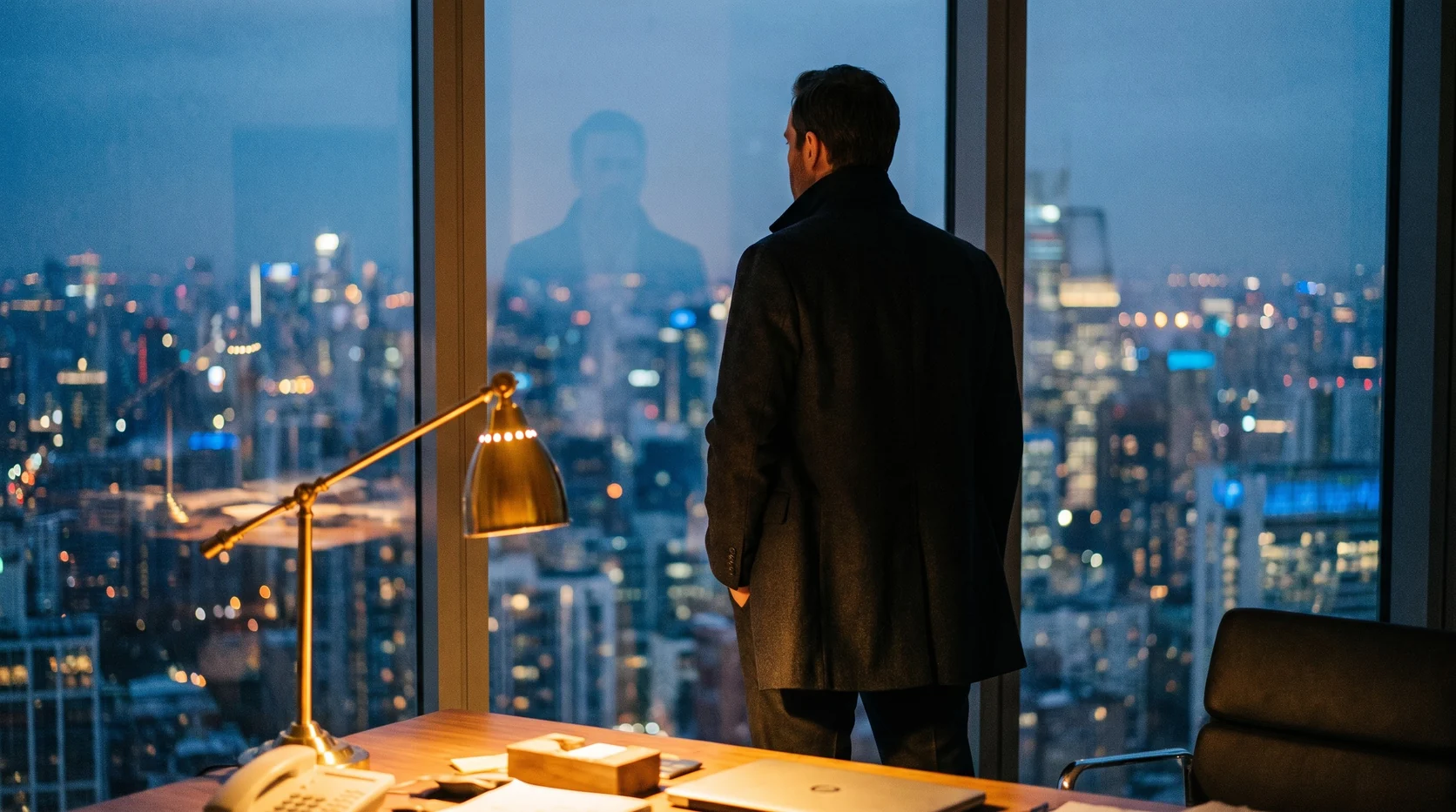 A man in his forties stands alone at an office window in the evening, the lit city behind him, gazing into the distance