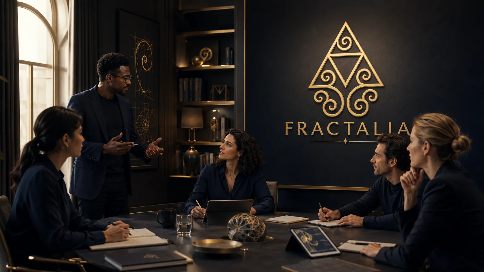 A leadership team aligning on a shared plan in a refined strategy room