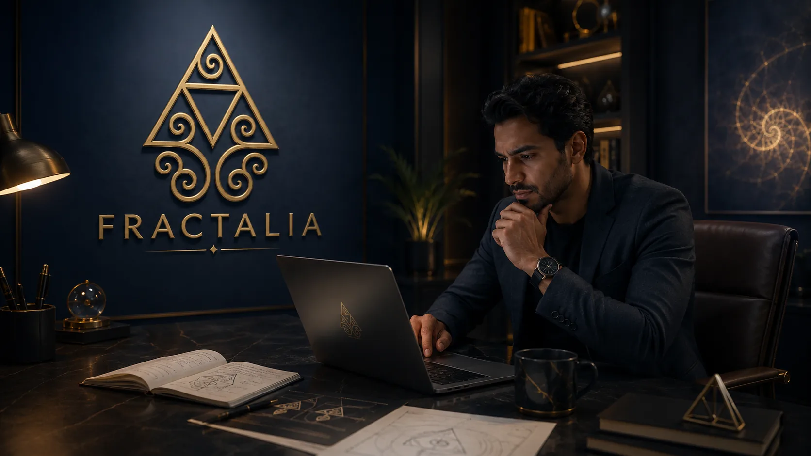 A founder thinking through strategy at a desk in warm Fractalia light