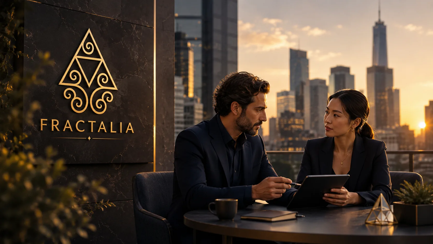 Two leaders discussing direction with a city skyline behind them