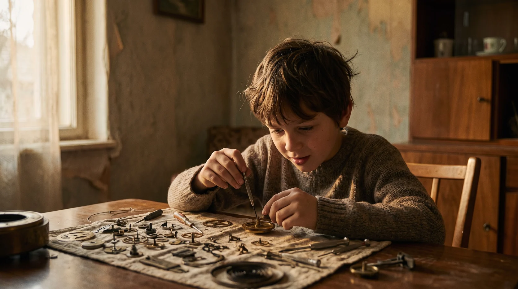 A boy of about ten takes apart an old clock on the living-room table, completely absorbed, the pieces laid out in front of him