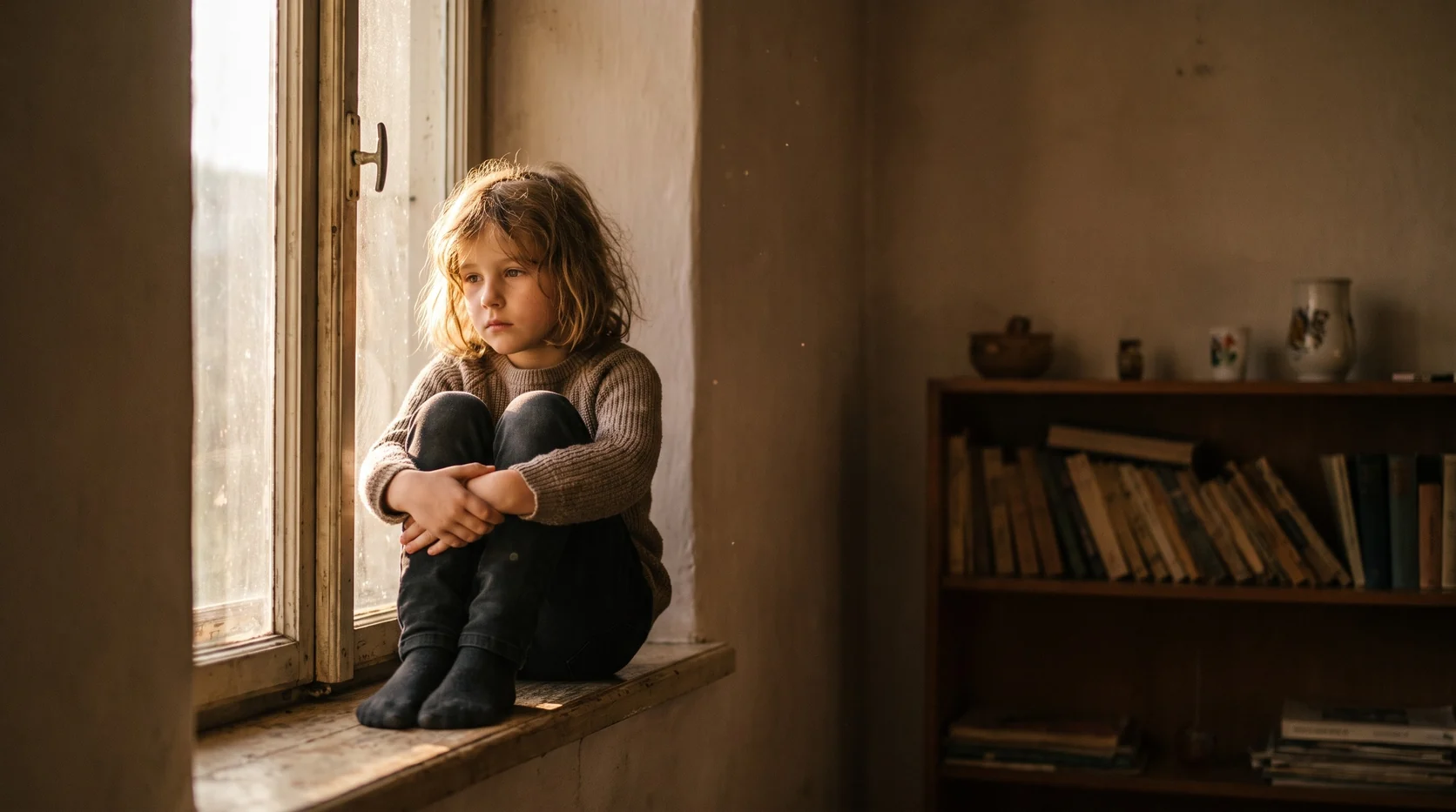 A girl of about seven sits alone by a large window, looking out with deep concentration, in warm afternoon light
