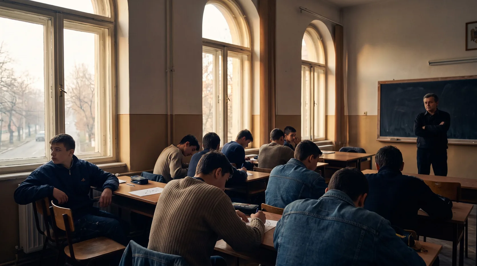 O clasă de elevi neatenți, cu un profesor în fața lor, în lumină caldă