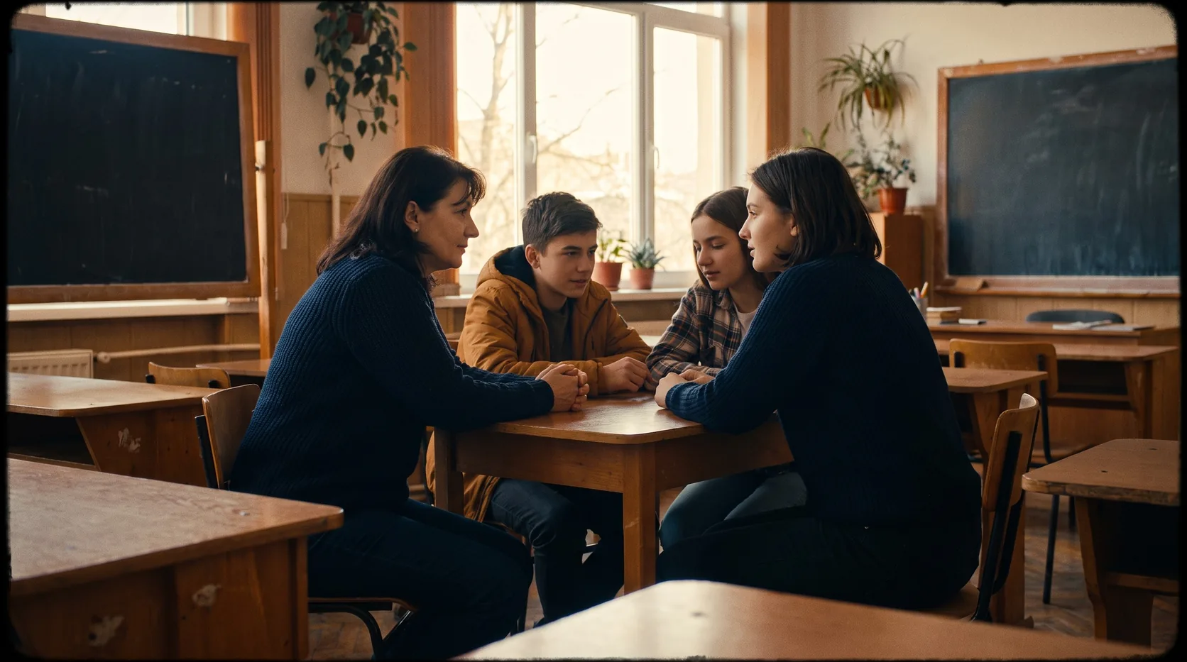 Un profesor stând de vorbă calm cu doi elevi, în lumină caldă