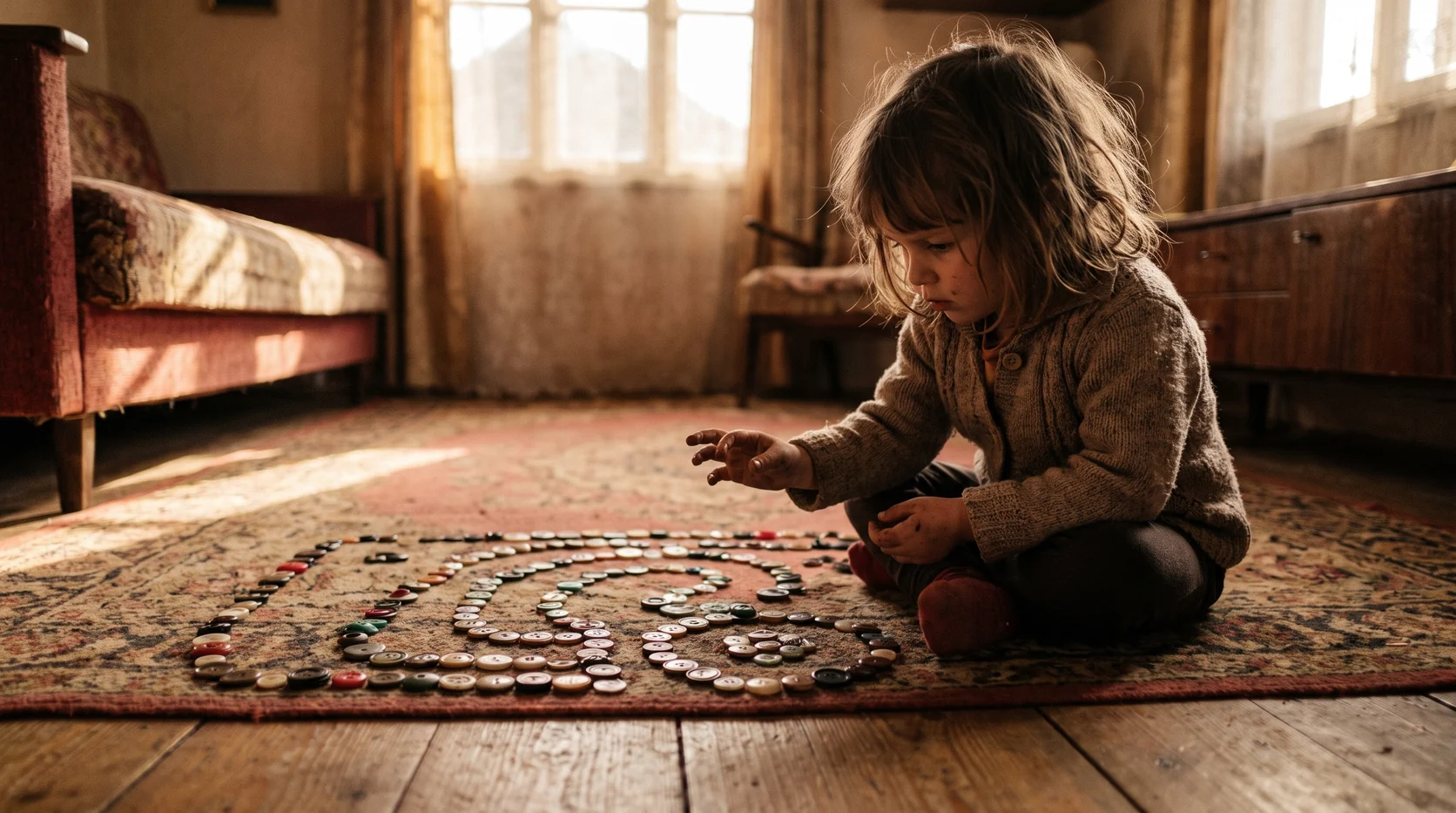 A girl of about four sits on her bedroom floor, arranging colored buttons into patterns, completely focused on them