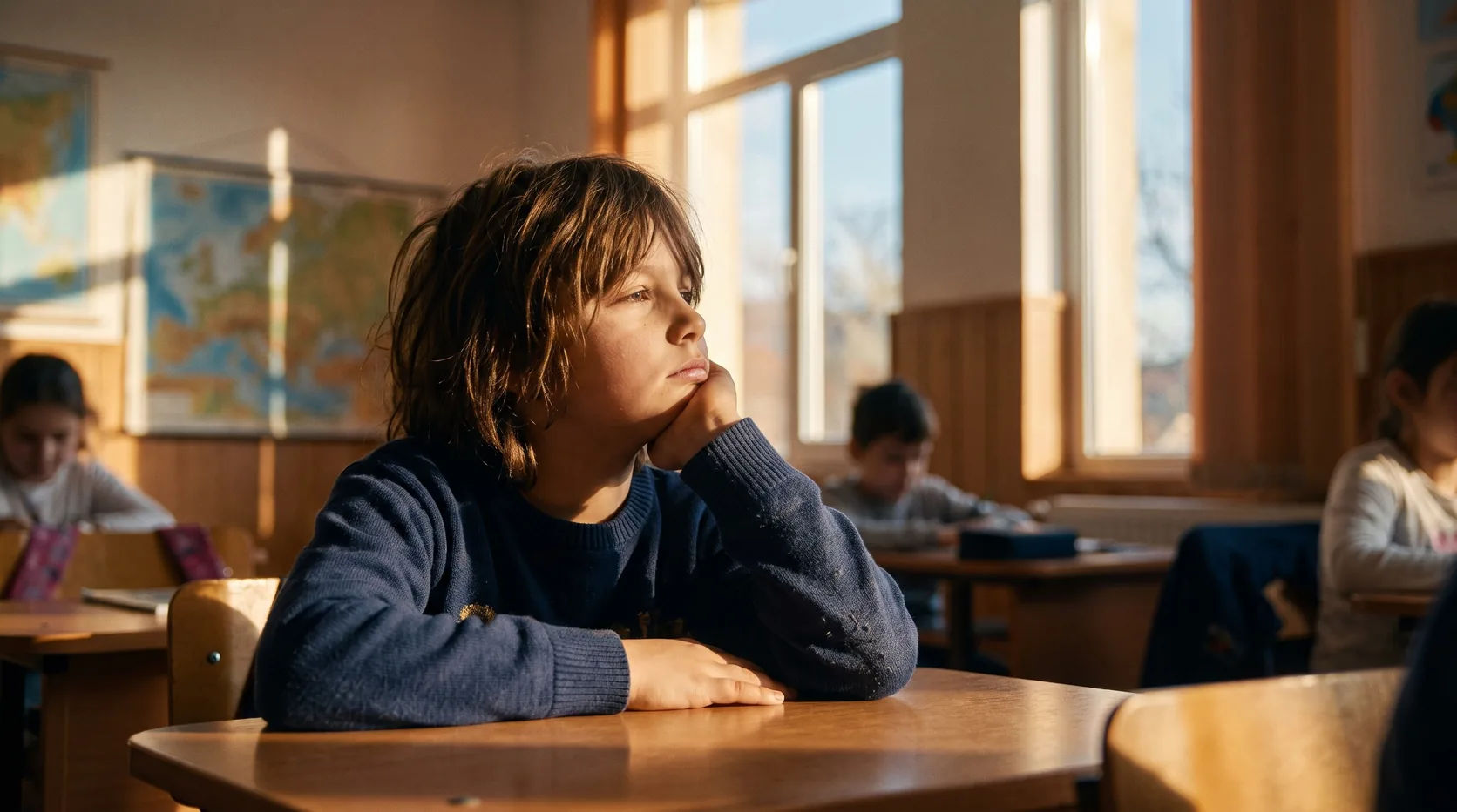Un copil inteligent, plictisit, sprijinit pe mână la un birou, în lumină caldă