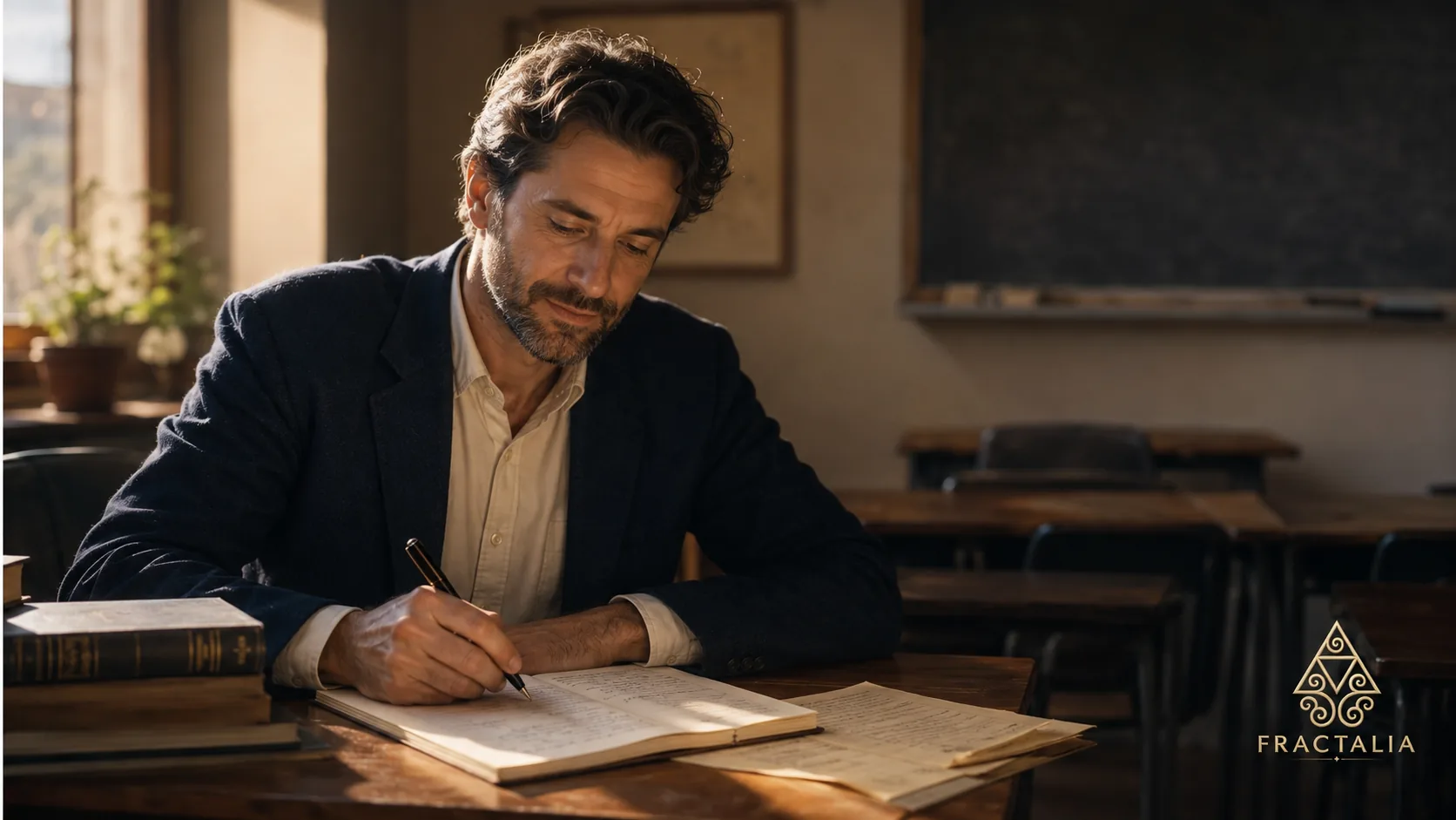 An educator reflecting on a classroom situation in warm Fractalia light