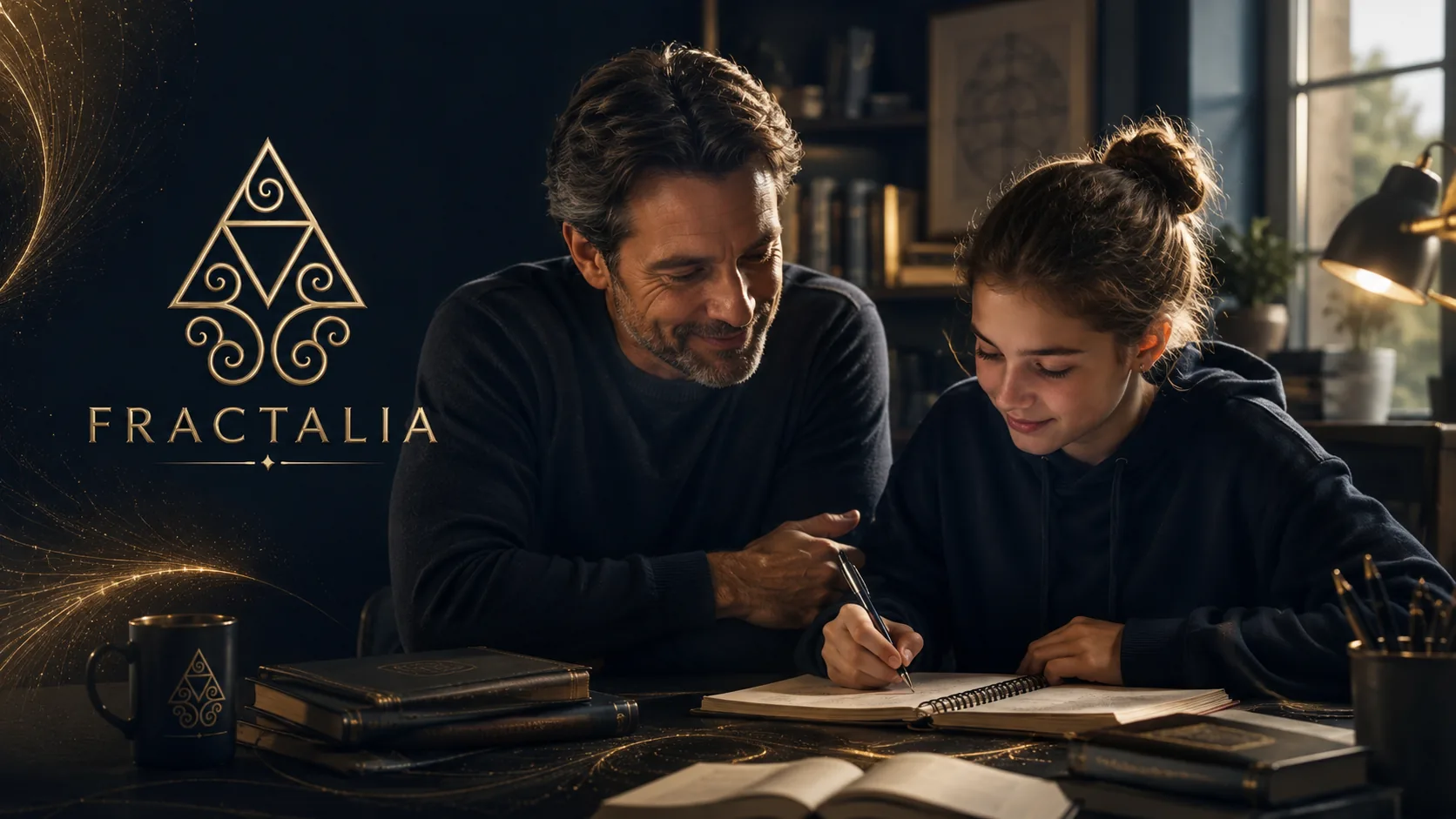 A parent and child reflecting together at a desk, in warm Fractalia light