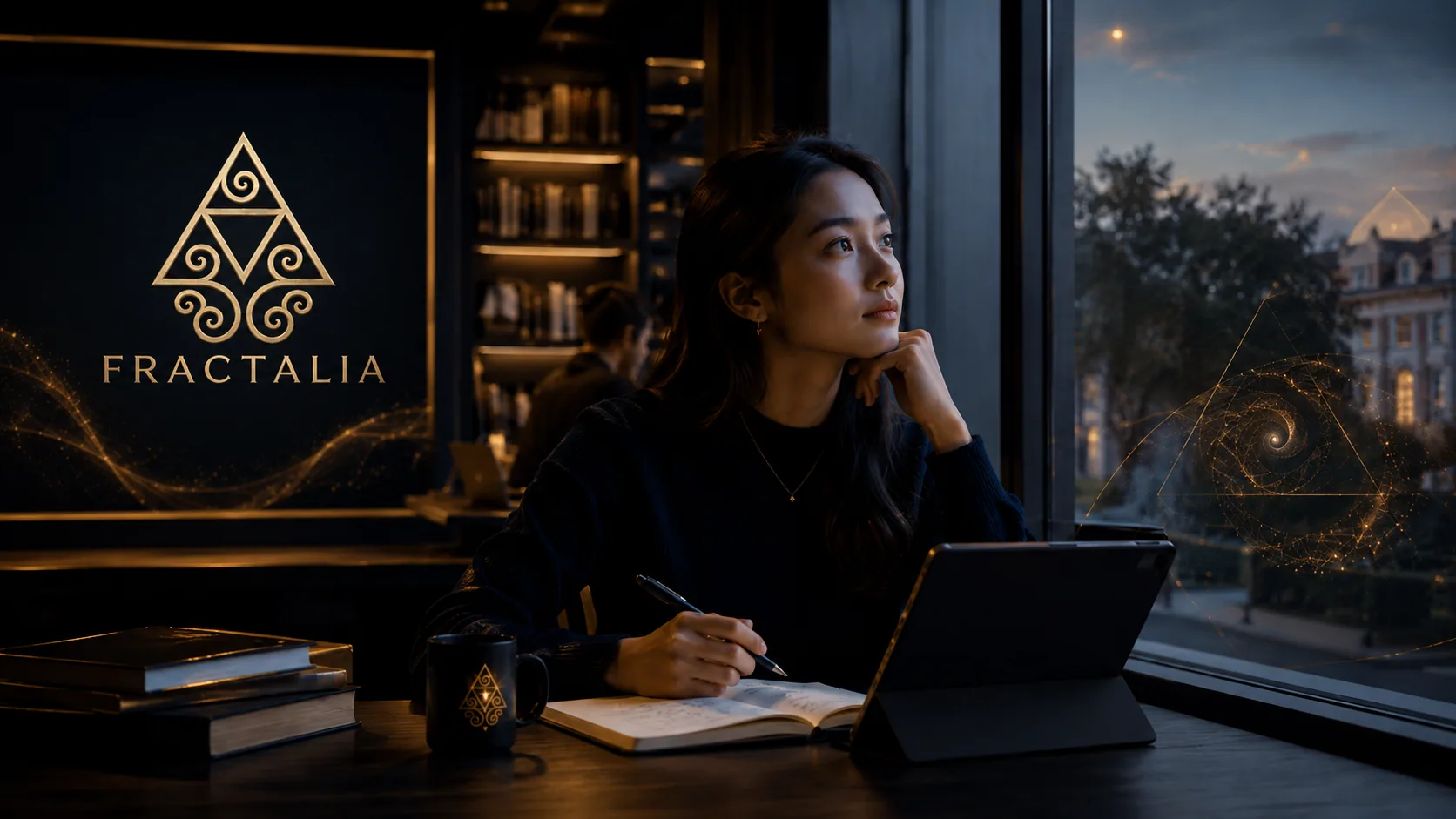 A student by a window, notebook and tablet in hand, looking toward the future