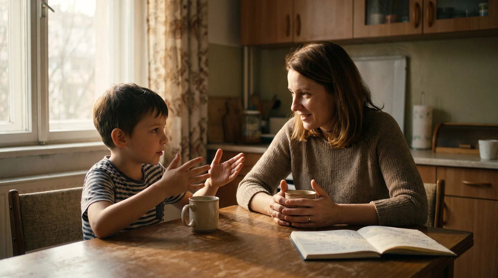 A mother and her son of about nine sit facing each other at the kitchen table, in warm morning light, in a calm conversation