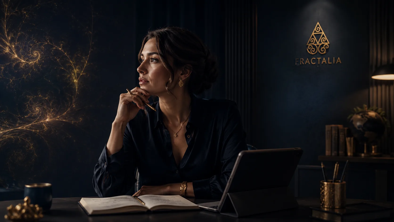 A person pausing to think clearly by a desk in warm Fractalia light